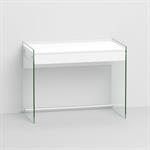 Bureau MYDESK piétement verre clair étagères et tiroir stratifié blanc mat