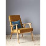 Fauteuil rétro en chêne et velours moutarde