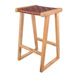 Tabouret pour îlot central 67 cm en teck et cuir tressé marron