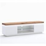 Meuble TV ROMINA  2 portes structure laquée blanc mat plateau chêne noueux huilé