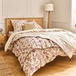 Édredon à motif fleuri en lin et coton 100x180cm piquage pompons double faces - beigeBELLIS