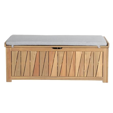 Banc coffre   bois d'acacia  coussin gris clair 140x60x54 cm