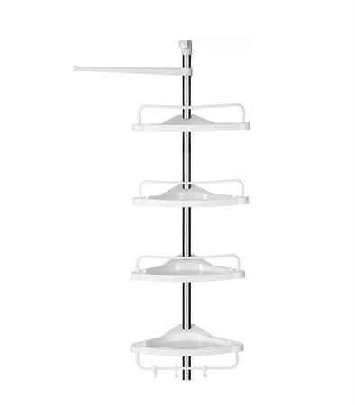 Etagère d'angle réglable blanc et métal avec 4 plateaux et 3 crochets