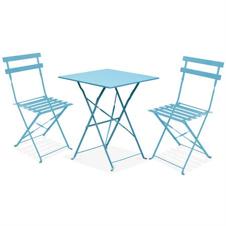 Table bistrot de jardin et 2 chaises pliantes bleu