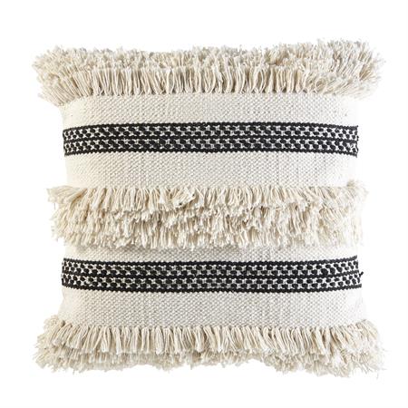 Coussin en coton écru et noir à franges 45x45