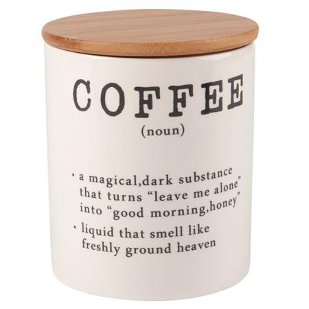 Bocal en porcelaine blanche imprimé lettres noires et couvercle en bambou