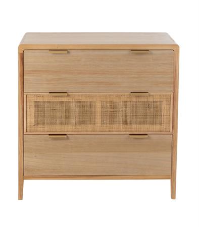 Commode 3 Tiroirs en Bois Massif et Rotin - L90 cm