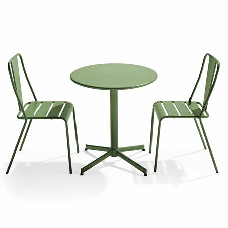 Ensemble table ronde et 2 chaises de jardin en métal vert cactus