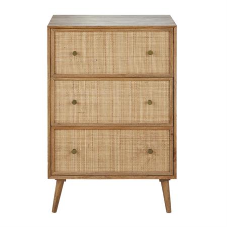 Commode haute vintage 3 tiroirs en bois de manguier et bambou