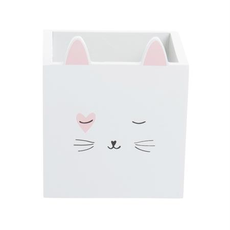 Pot à crayons chat en bois de sapin blanc et rose