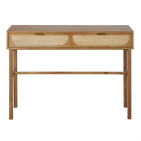 Console 2 tiroirs coloris noisette et rotin tressé