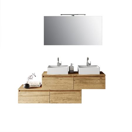 Meuble de salle de bain 8 pièces double vasque en mélamine chêne miel