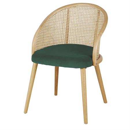 Fauteuil de table en velours vert cannage en rotin coloris naturel