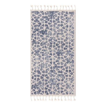 Tapis scandinave à franges tressées bleu et crème 80x300cm