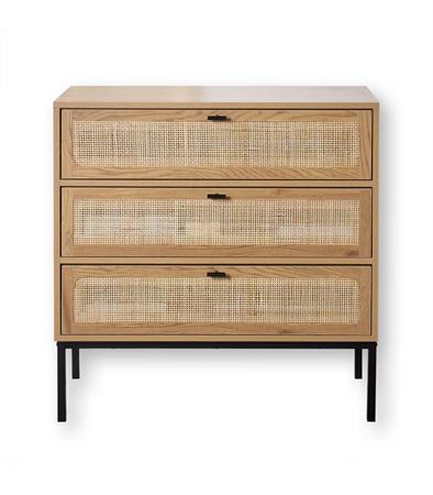 Commode 3 tiroirs décor chêne et façade en rotin - L80