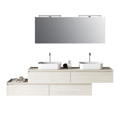 Meuble de salle de bain 9 pièces double vasque en mélamine bois beige