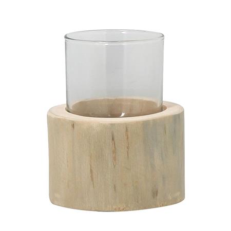 Photophore en verre avec base en teck