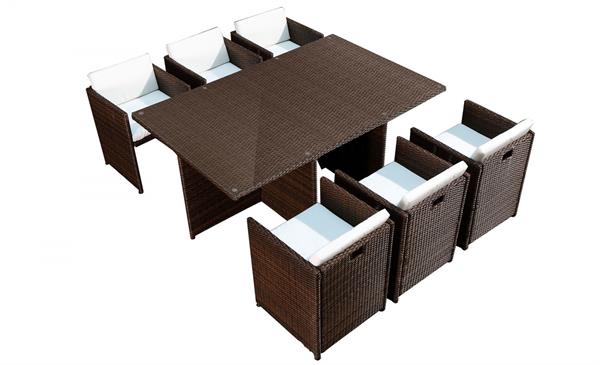 Table et chaises 6 places encastrables résine marron/blanc