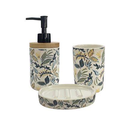 Set salle de bain végétal 3 pièces céramique bleu