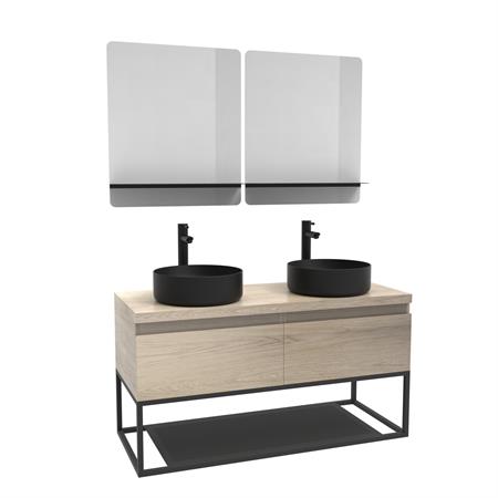Meuble de salle de bain bois et métal avec vasques noires et miroirs