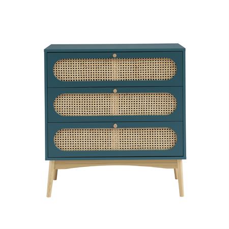 Commode  bleu canard et cannage rotin 3 tiroirs