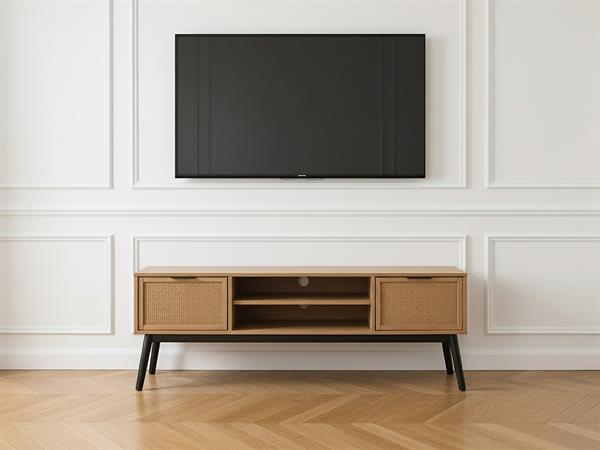 Meuble TV 140 cm ALBI bois massif et rotin    BOBOCHIC