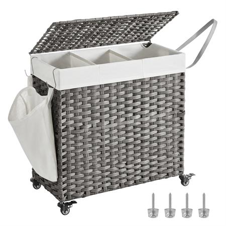 Panier à linge 3 compartiments 140L imitation de rotin de PP gris