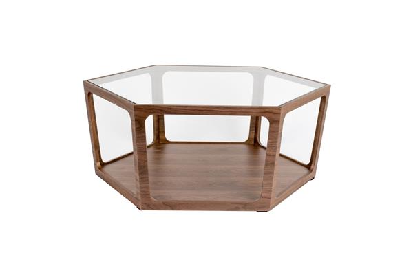 Table basse hexagonale en bois et verre bois foncé