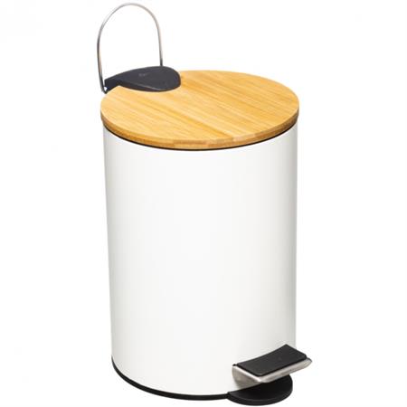 Poubelle salle de bain métal blanc couvercle bambou - 3L