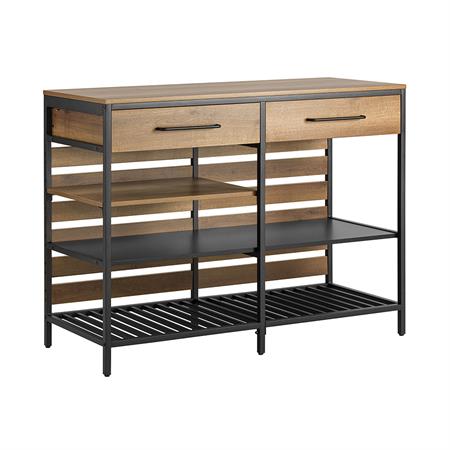 Table de comptoir 2 tiroirs et 3 étagères effet bois et métal noir