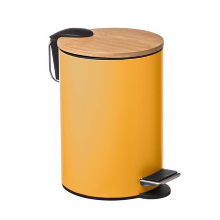 Poubelle salle de bain métal jaune couvercle bambou - 3L