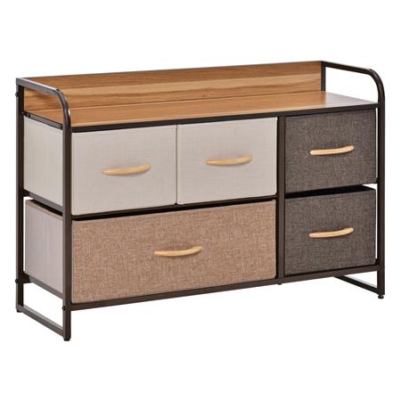 Commode 5 tiroirs tissu marron beige châssis métal plateau aspect bois