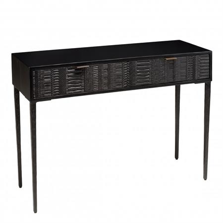 Console en manguier noir 2 tiroirs sculptés pieds en métal