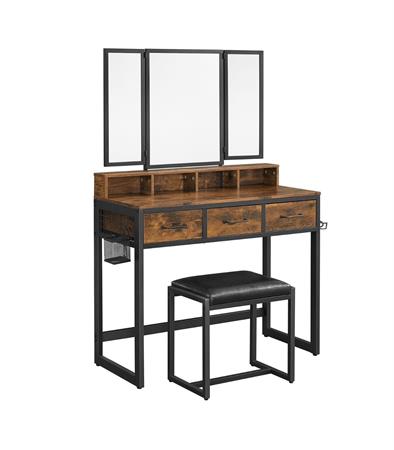 Console à maquillage avec miroir et tabouret effet bois L90 x H141 cm