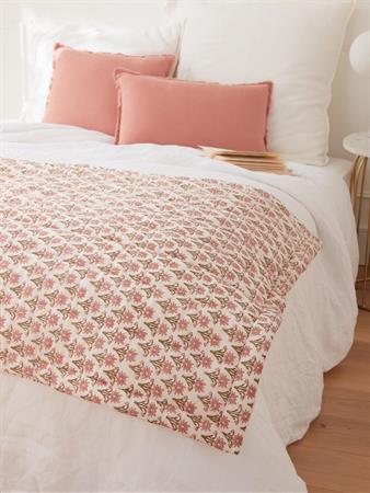 Boutis tissu indien fleuri rose et vert / dos écru