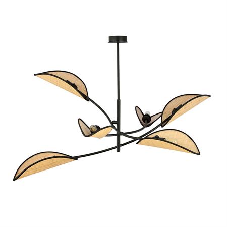 Lustre 6 lumières noir et rotin avec abat-jour en forme de feuille