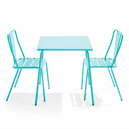 Ensemble table de jardin carrée et 2 chaises bistrot turquoise