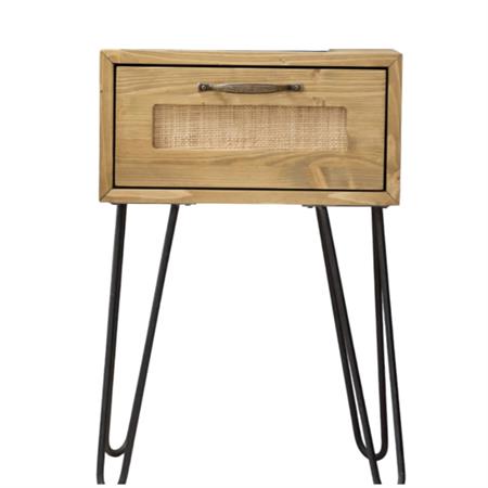 Table de chevet en bois de sapin et raphia couleur marron