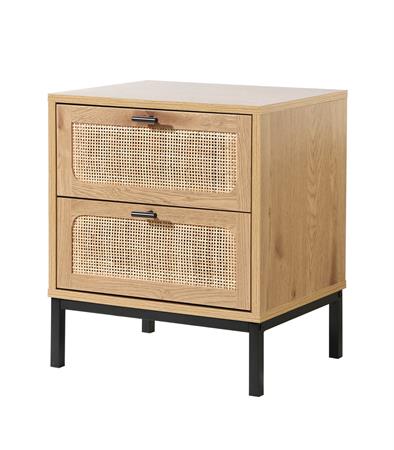 Chevet 2 Tiroirs Aspect Chêne avec Cannage Rotin - H51cm