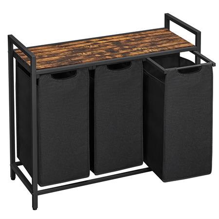 Panier à linge 3 compartiments tissu Oxford effet bois noir
