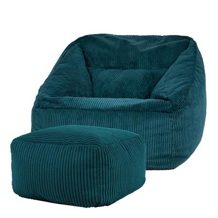 Pouf fauteuil avec repose-pied carré velours côtelé bleu canard