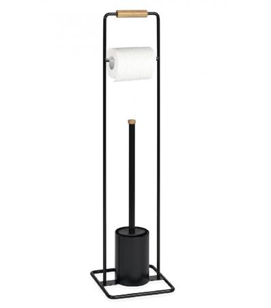 Dérouleur papier toilette et brosse WC en métal noir et bois