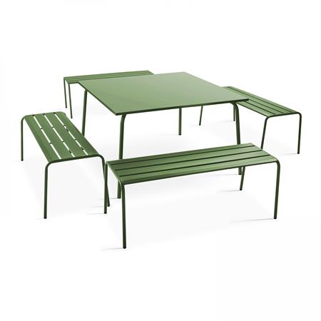 Ensemble table de jardin carrée et 4 bancs en métal vert cactus
