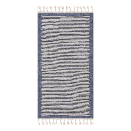 Tapis scandinave à franges tressées bleu et crème 80x300cm