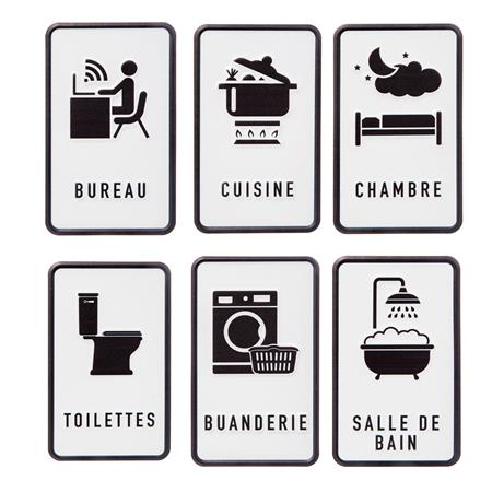 Set de 6 plaques de porte signalétiques en métal noir et blanc
