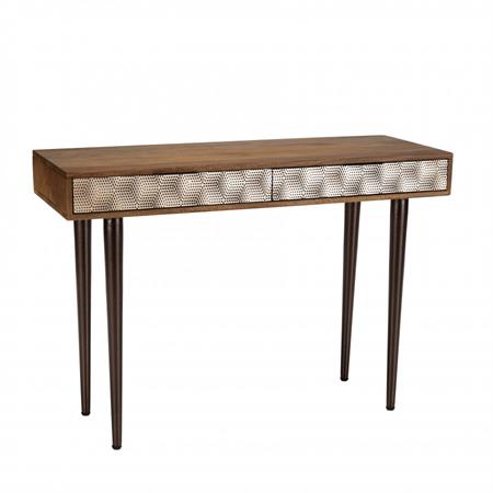 Console en bois de manguier 2 tiroirs motifs ethniques dorés