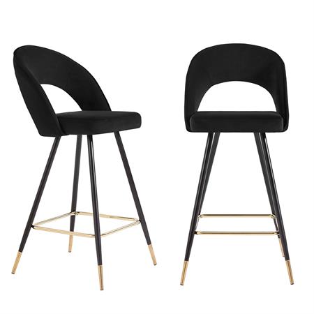 Lot de 2 tabourets de bar en velours noir piètement noir et doré