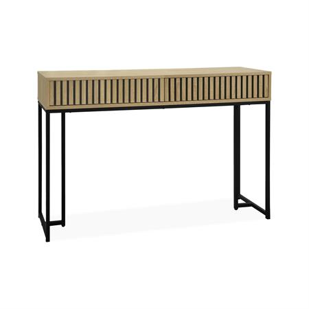 Console 2 tiroirs décor bois rainuré et métal noir