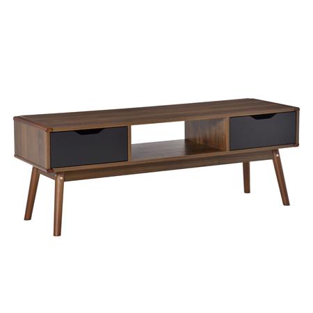 Meuble TV bas sur pieds style scandinave 2 tiroirs aspect noyer