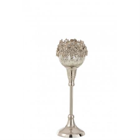 Photophore pied métal/alu/verre argent H27cm